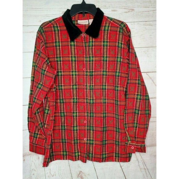 Basic Edition Holiday Mistletoe Thick Collar Button Up Red Green Large Shirt - Picture 1 of 10